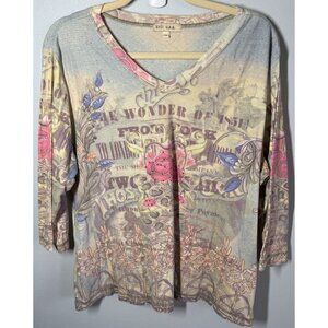 Y2K Xeit USA Womens Floral Graphic Top 1X Fairy Grunge Tattoo Rhinestone V-Neck